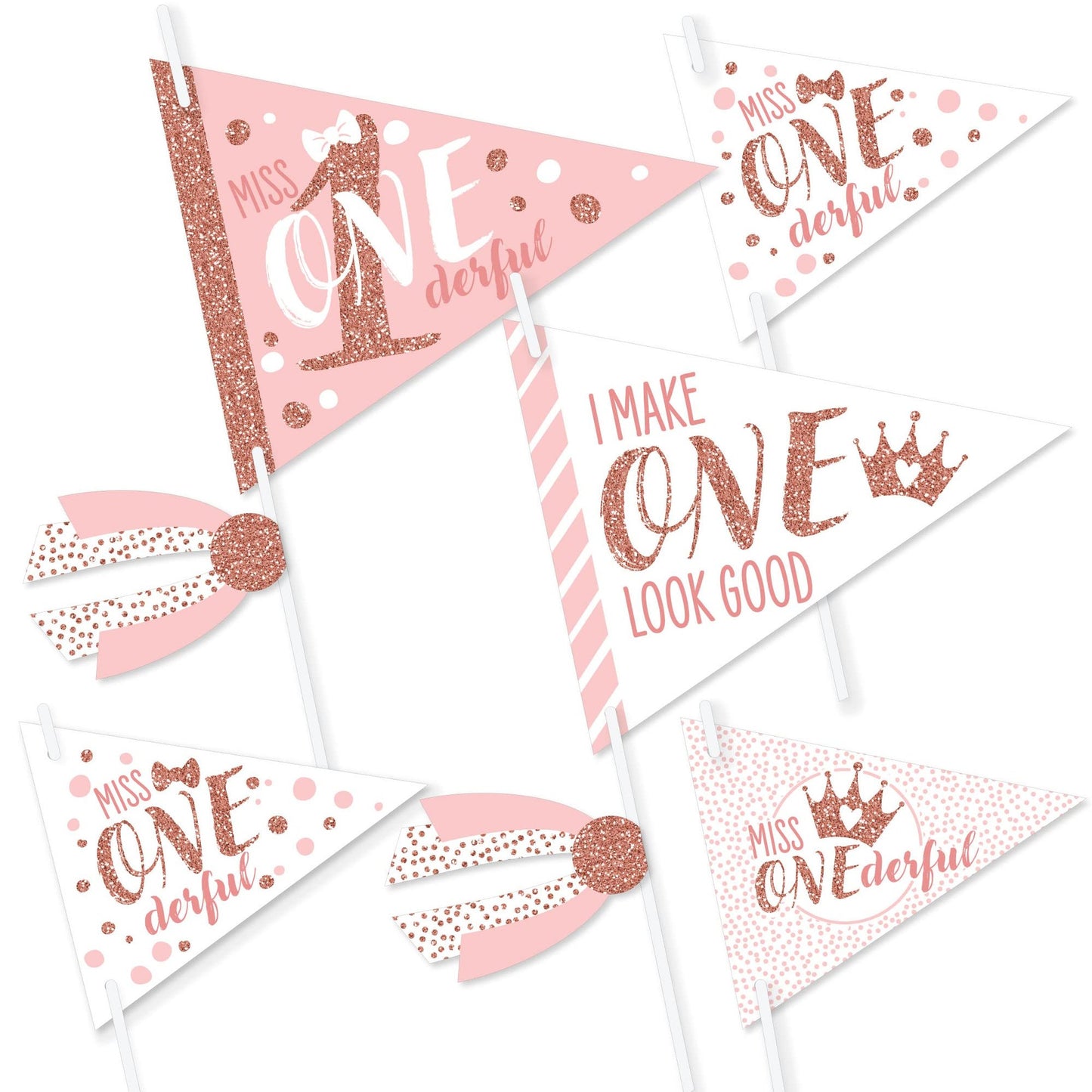 Onederful Triangle Photo Props - Set of 20 | Girl's 1st Birthday Party Pennant Flag Centerpieces | Little Miss First Birthday Celebration Kit