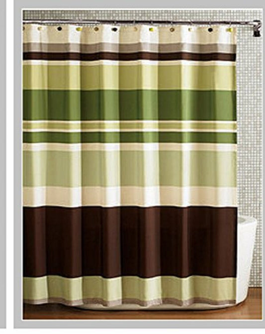 Fabric Shower Curtain, Multi-Color Striped, Green Coffee