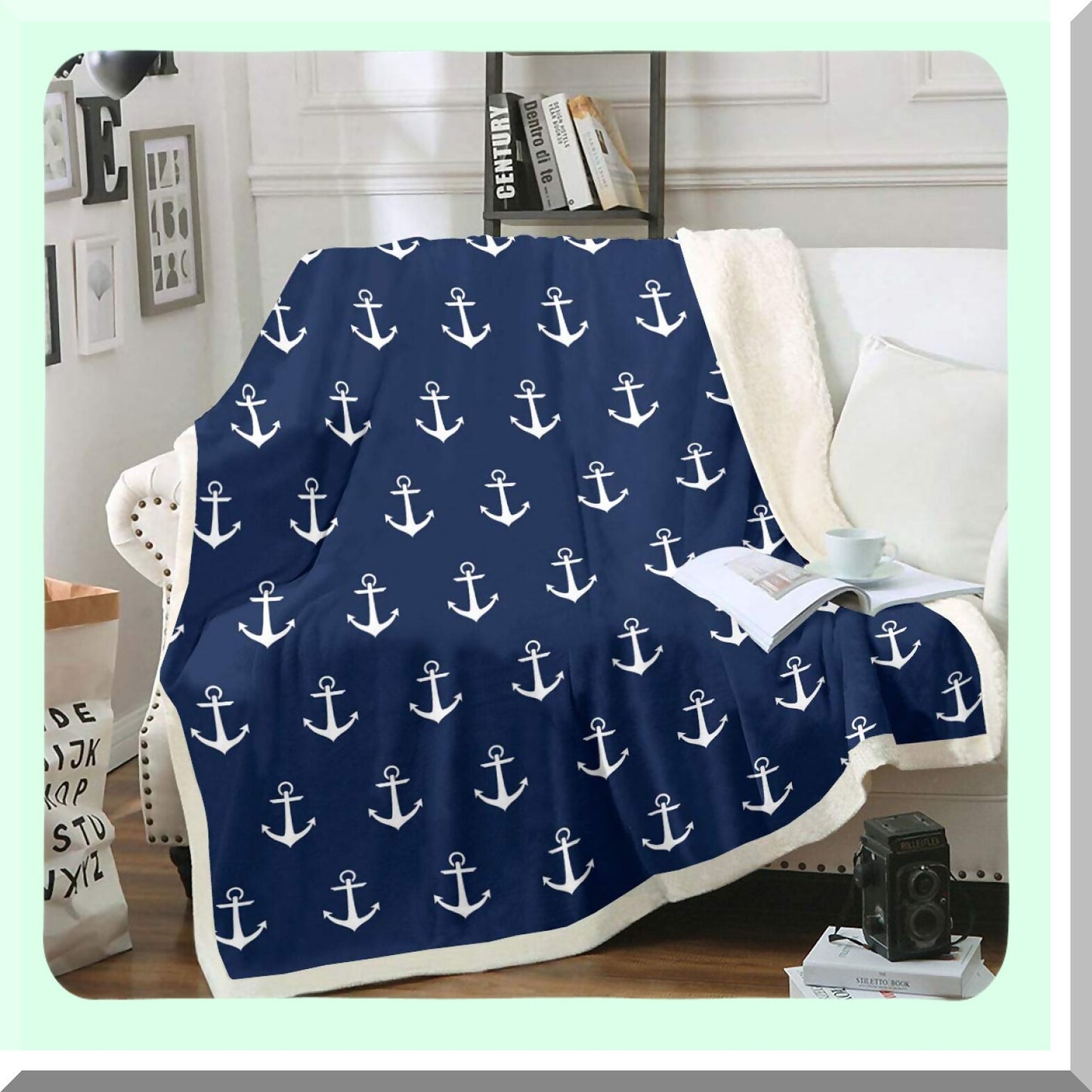OceanVoyage Sherpa Throw: Soft, Warm & Cozy Nautical Fleece Blanket with Anchor Design - Navy Blue 50"x60""