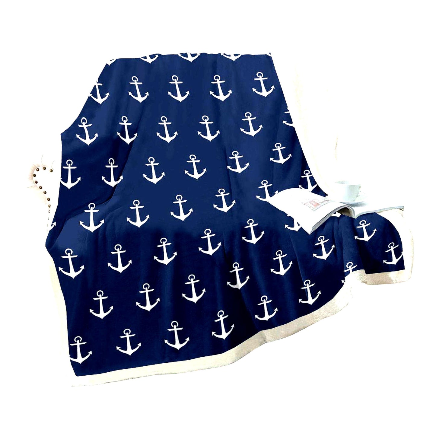 OceanVoyage Sherpa Throw: Soft, Warm & Cozy Nautical Fleece Blanket with Anchor Design - Navy Blue 50"x60""