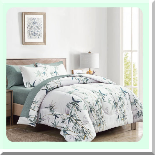 Green Leaf Botanical Bedding Set - 7 Piece Queen Comforter Set with Sheets - All Season Bed in a Bag - White Design - 1 Comforter, 2 Shams, 1 Flat Sheet, 1 Fitted Sheet, 2 Pillowcases