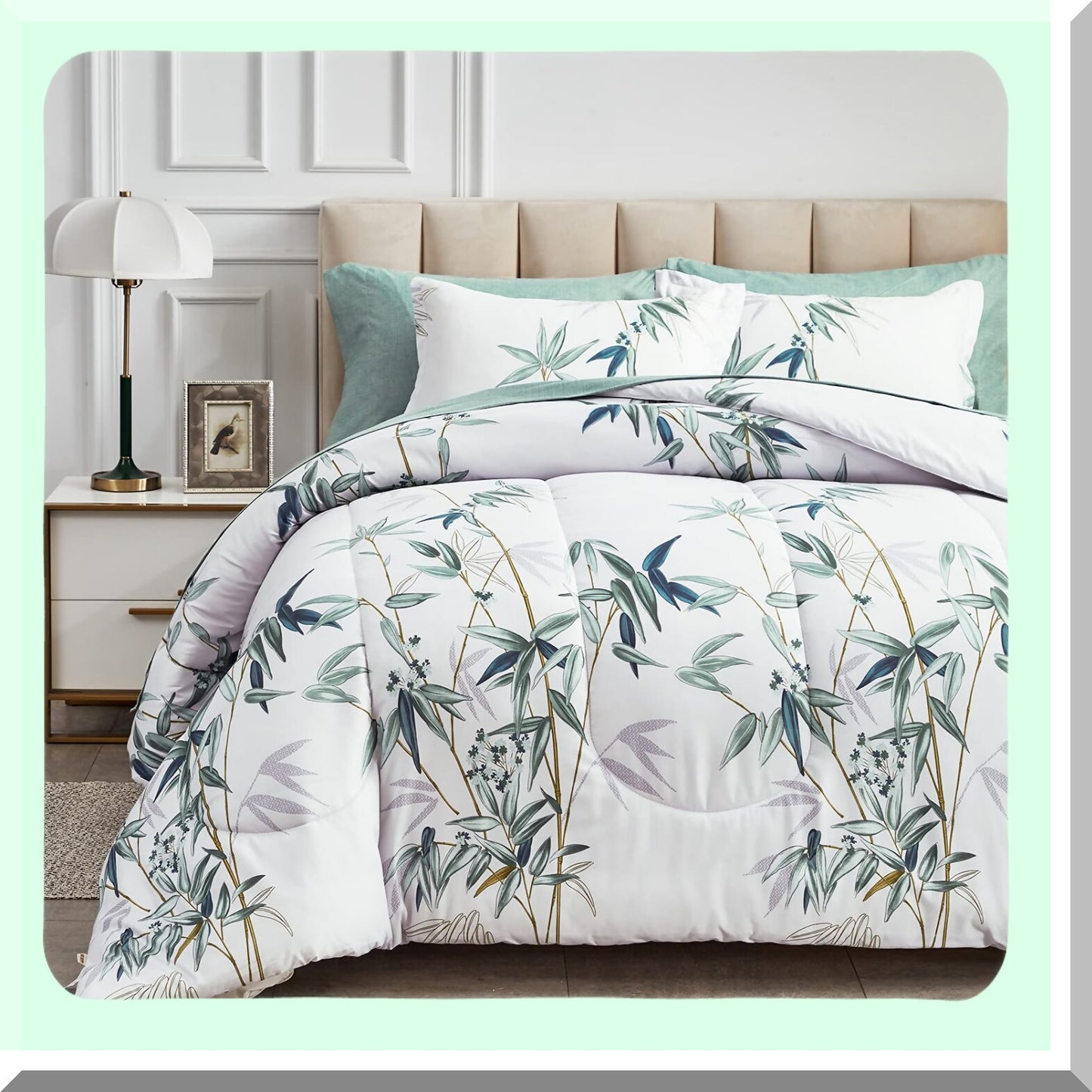 Green Leaf Botanical Bedding Set - 7 Piece Queen Comforter Set with Sheets - All Season Bed in a Bag - White Design - 1 Comforter, 2 Shams, 1 Flat Sheet, 1 Fitted Sheet, 2 Pillowcases