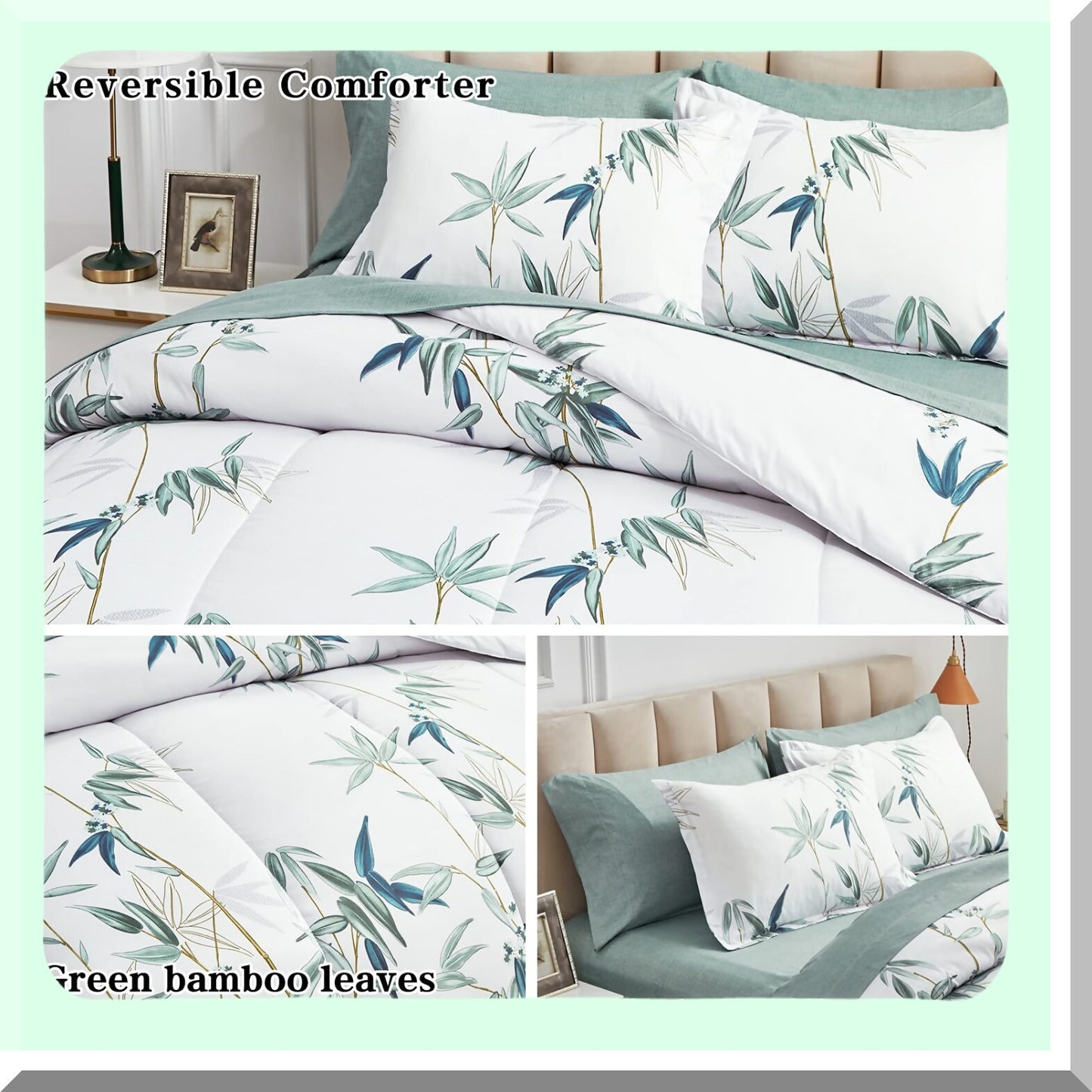 Green Leaf Botanical Bedding Set - 7 Piece Queen Comforter Set with Sheets - All Season Bed in a Bag - White Design - 1 Comforter, 2 Shams, 1 Flat Sheet, 1 Fitted Sheet, 2 Pillowcases