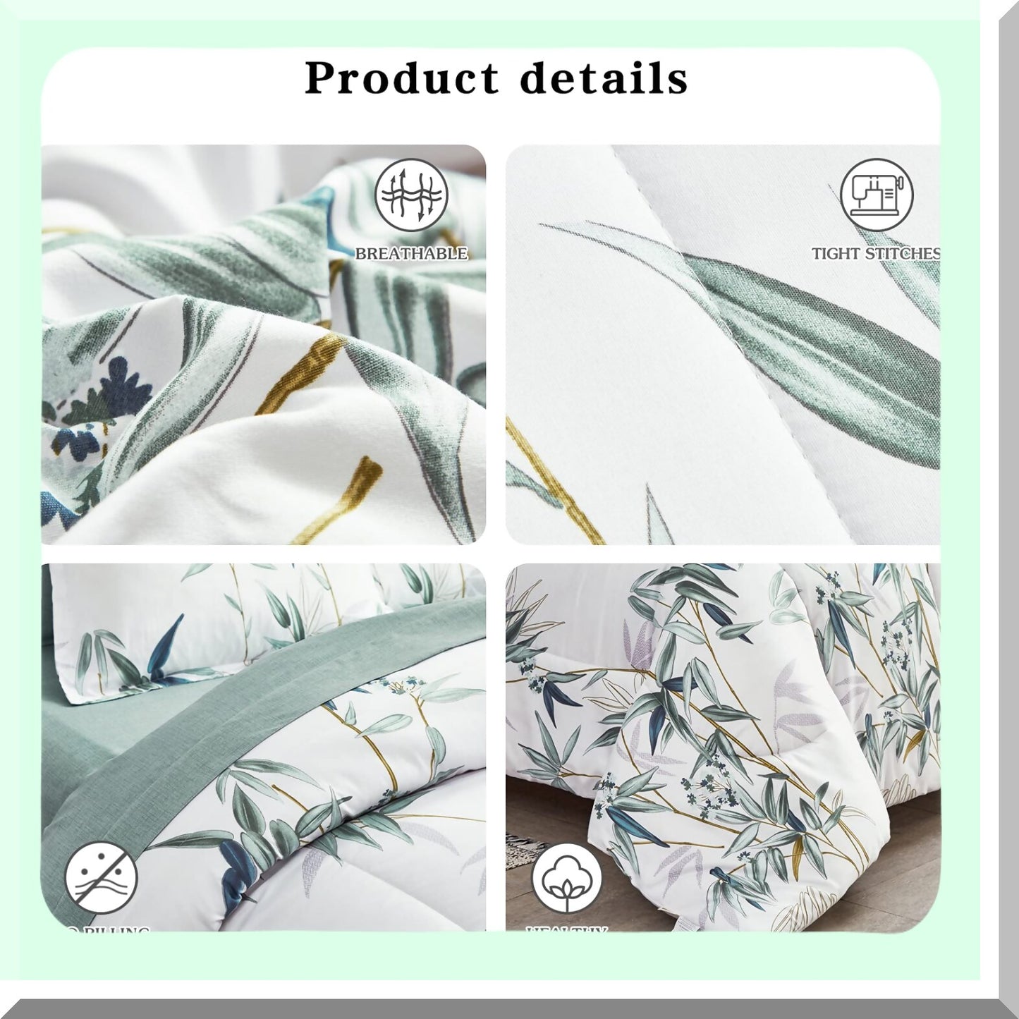 Green Leaf Botanical Bedding Set - 7 Piece Queen Comforter Set with Sheets - All Season Bed in a Bag - White Design - 1 Comforter, 2 Shams, 1 Flat Sheet, 1 Fitted Sheet, 2 Pillowcases