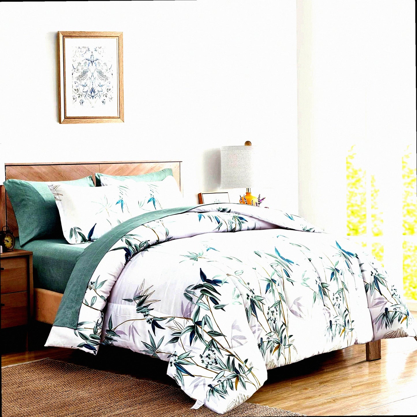 Green Leaf Botanical Bedding Set - 7 Piece Queen Comforter Set with Sheets - All Season Bed in a Bag - White Design - 1 Comforter, 2 Shams, 1 Flat Sheet, 1 Fitted Sheet, 2 Pillowcases