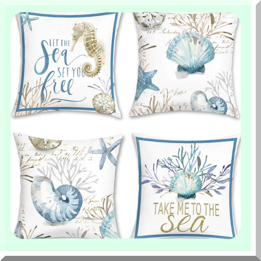 Ocean Breeze Coastal Pillow Covers Set - Seashell Coral Starfish Velvet Cushion Case for Outdoor Sofa & Home Decor - Beach Themed 18x18 Pillows