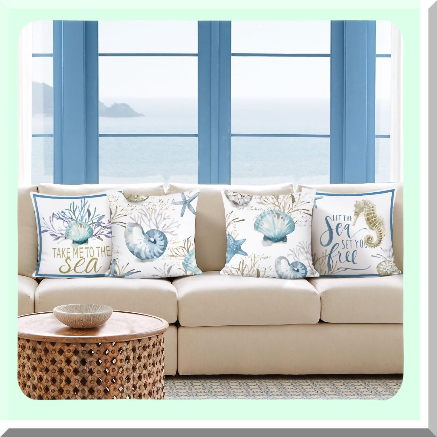 Ocean Breeze Coastal Pillow Covers Set - Seashell Coral Starfish Velvet Cushion Case for Outdoor Sofa & Home Decor - Beach Themed 18x18 Pillows