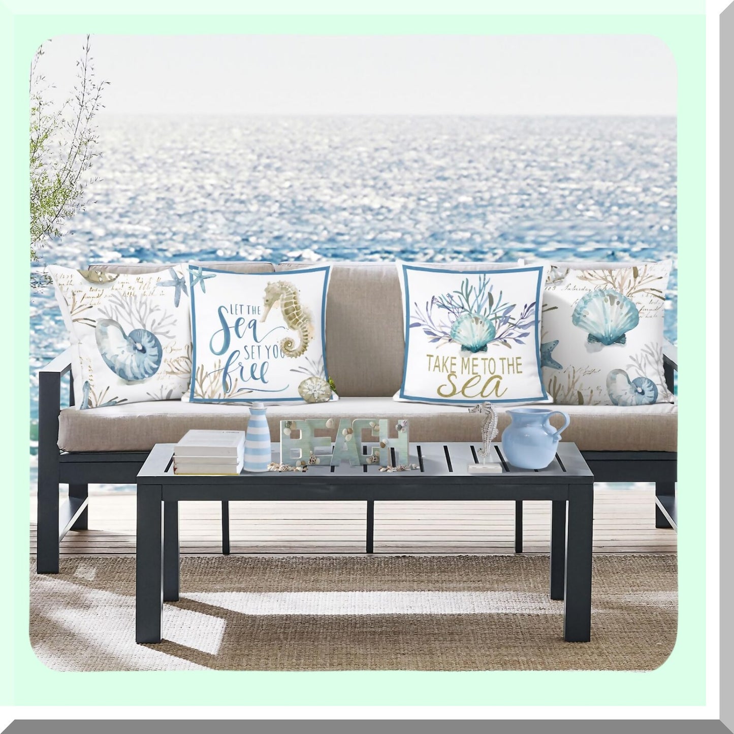 Ocean Breeze Coastal Pillow Covers Set - Seashell Coral Starfish Velvet Cushion Case for Outdoor Sofa & Home Decor - Beach Themed 18x18 Pillows