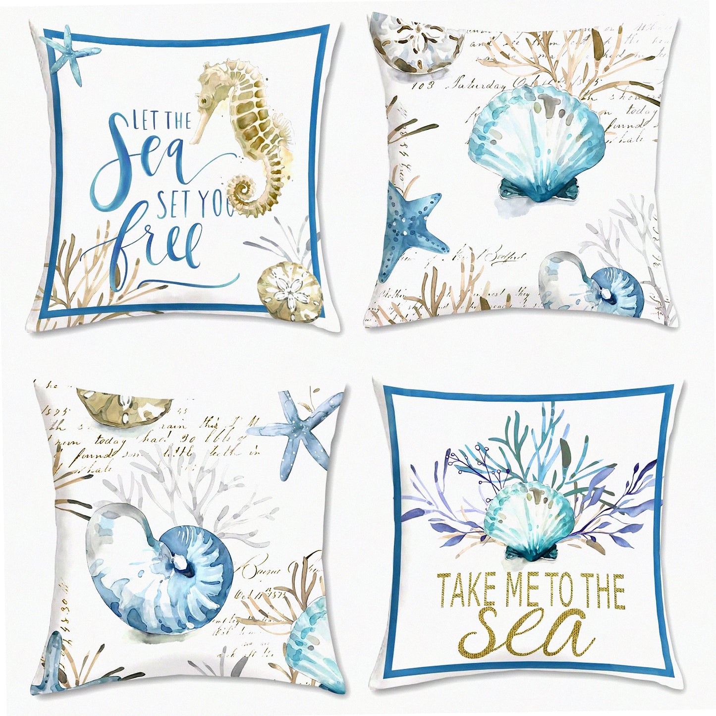 Ocean Breeze Coastal Pillow Covers Set - Seashell Coral Starfish Velvet Cushion Case for Outdoor Sofa & Home Decor - Beach Themed 18x18 Pillows