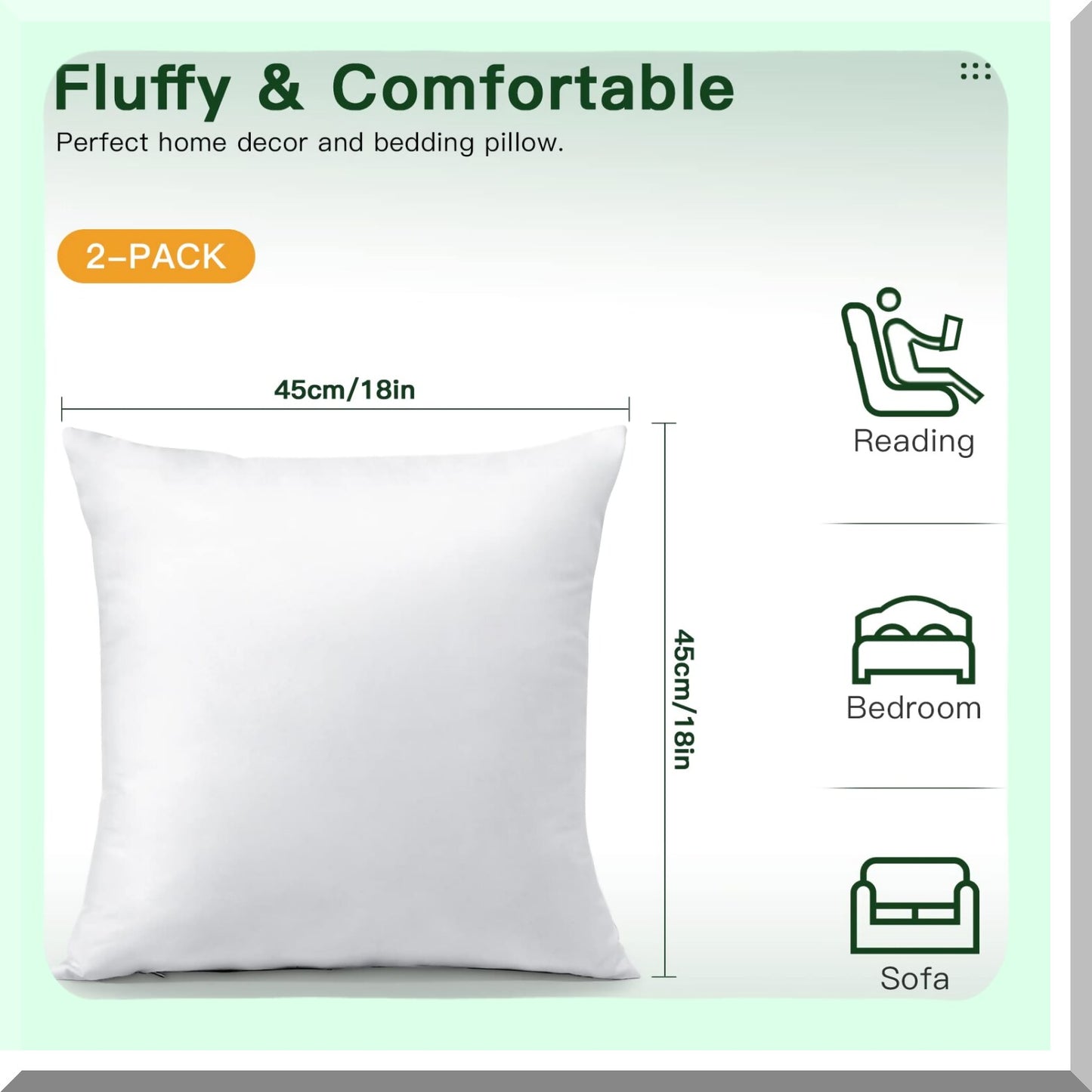 Fluffy Cotton Square Pillow Inserts - Set of 2 Soft Throw Pillows for Sofa Couch Bed, 18 x 18 Decorative Cushions - White