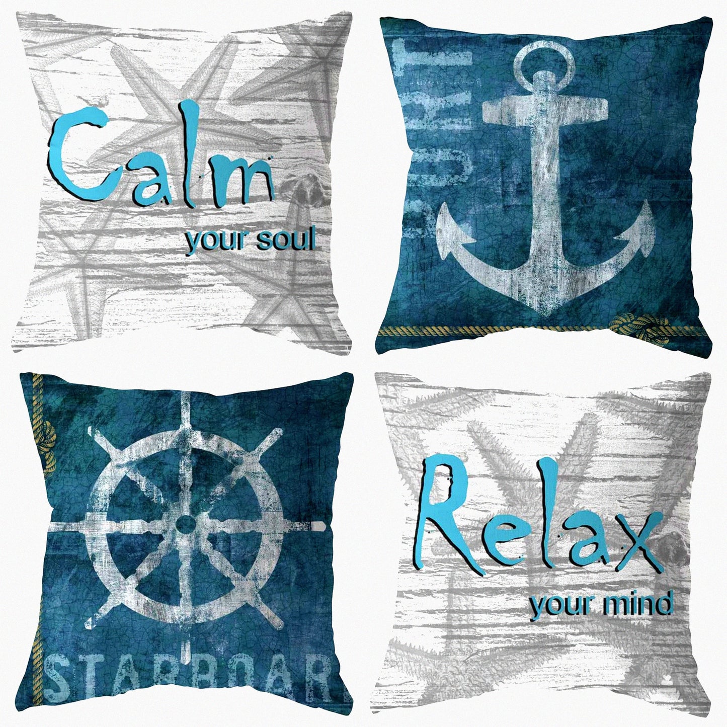 Nautical Anchor Ocean Blue Throw Pillow Set - Coastal Beach Decor Cushion Covers for Patio Sofa Car Home - 18x18 Inch Outdoor Pillow Cases