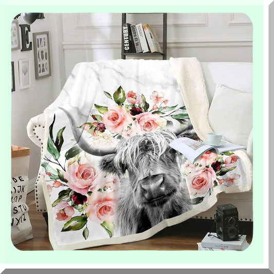 Western Highland Cow Sherpa Blanket - Cozy Farmhouse Animal Throw, Rose Grey Marble Plush, 50"x60""