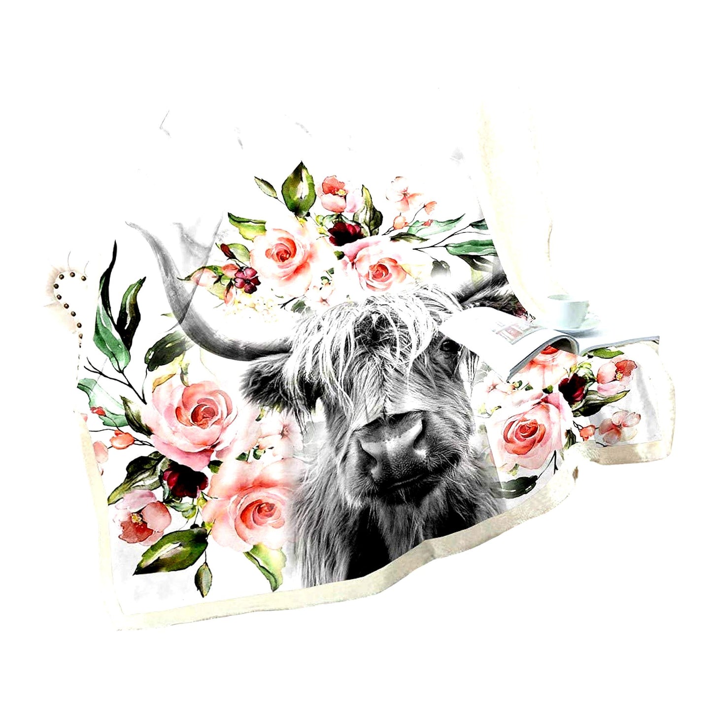 Western Highland Cow Sherpa Blanket - Cozy Farmhouse Animal Throw, Rose Grey Marble Plush, 50"x60""