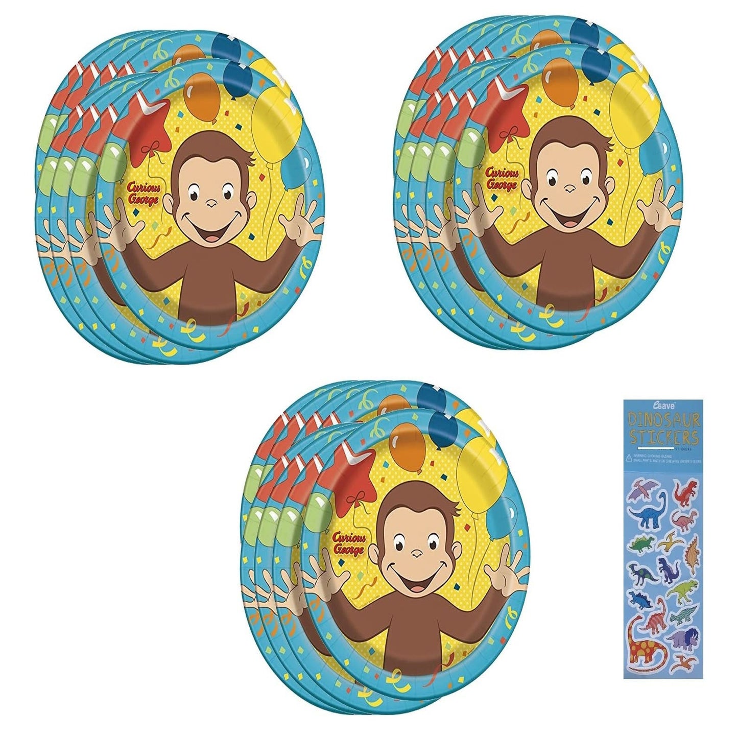 Curious George Dino Party Pack - 24 Lunch Plates & Dinosaur Sticker Sheet - Fun & Festive Supplies for Birthday Celebrations!