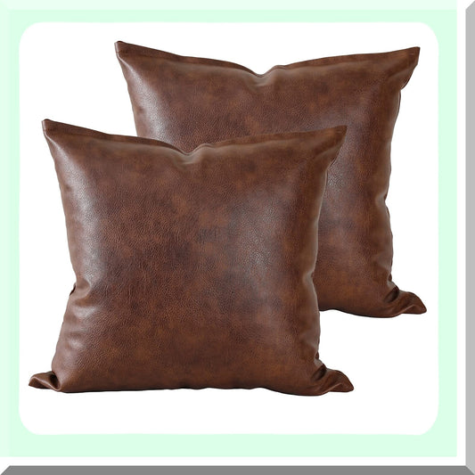 Luxury Boho Dark Brown Leather Pillow Covers - Set of 2 | Modern Farmhouse Decorative Cushion Cases for Sofa, Couch, Livingroom, Bed - 26 x 26