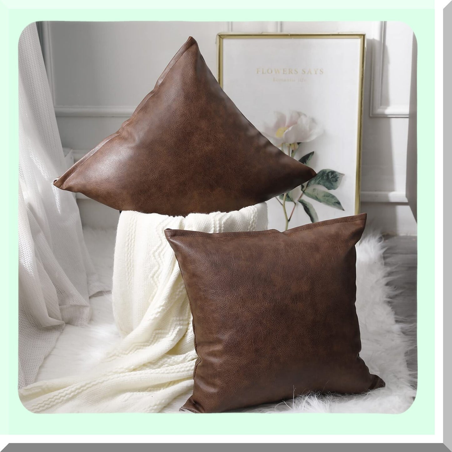 Luxury Boho Dark Brown Leather Pillow Covers - Set of 2 | Modern Farmhouse Decorative Cushion Cases for Sofa, Couch, Livingroom, Bed - 26 x 26