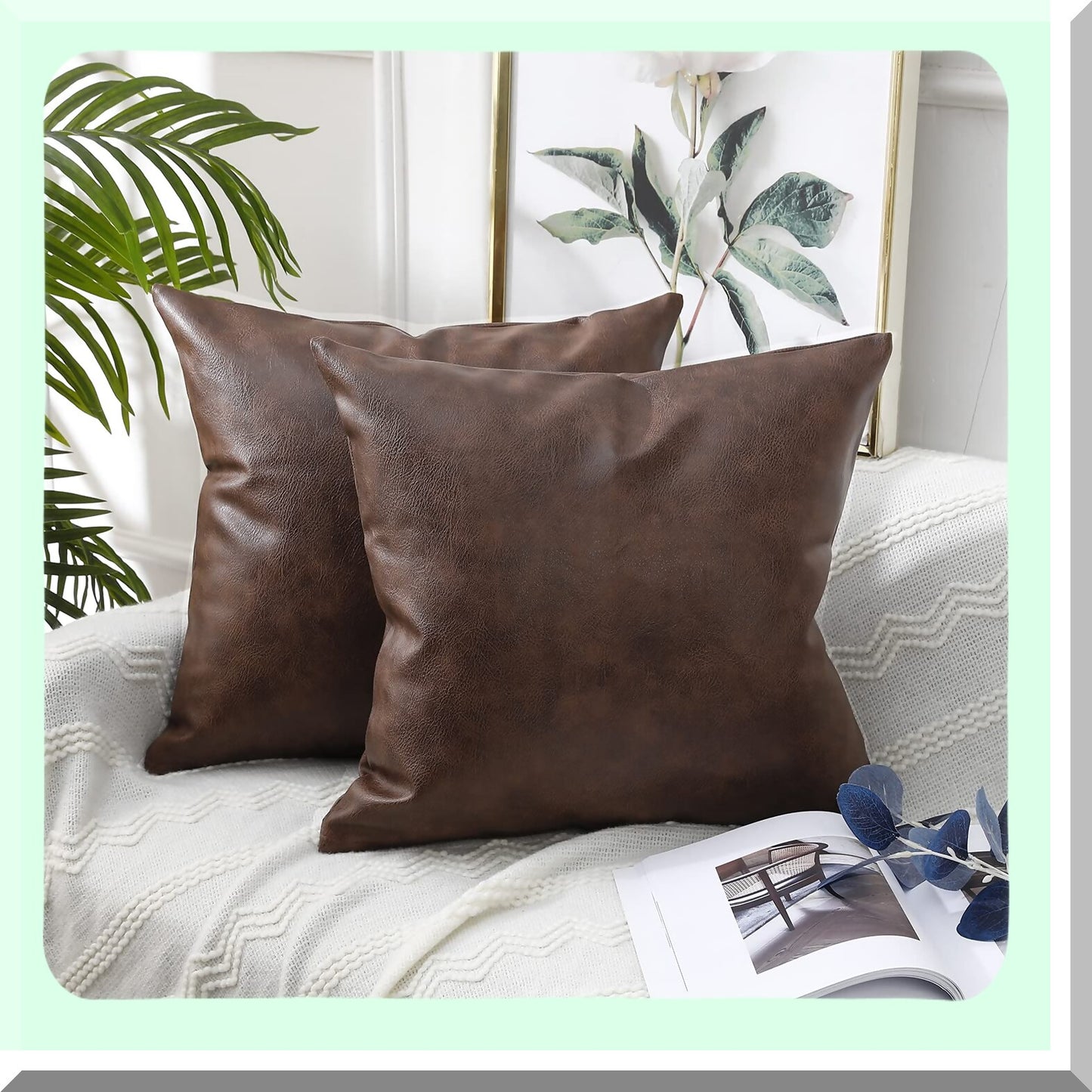 Luxury Boho Dark Brown Leather Pillow Covers - Set of 2 | Modern Farmhouse Decorative Cushion Cases for Sofa, Couch, Livingroom, Bed - 26 x 26