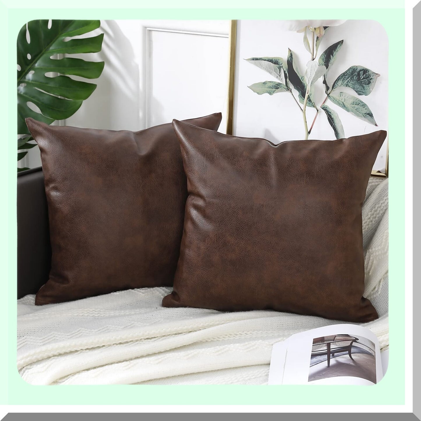 Luxury Boho Dark Brown Leather Pillow Covers - Set of 2 | Modern Farmhouse Decorative Cushion Cases for Sofa, Couch, Livingroom, Bed - 26 x 26