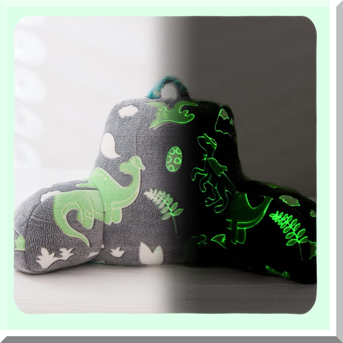 Glow Dino Reading Pillow - Lumbar Support Cushion for Teens & Kids - Glitter Green Bed Rest with Arms - Neck & Lower Back Comfort - Boys & Girls