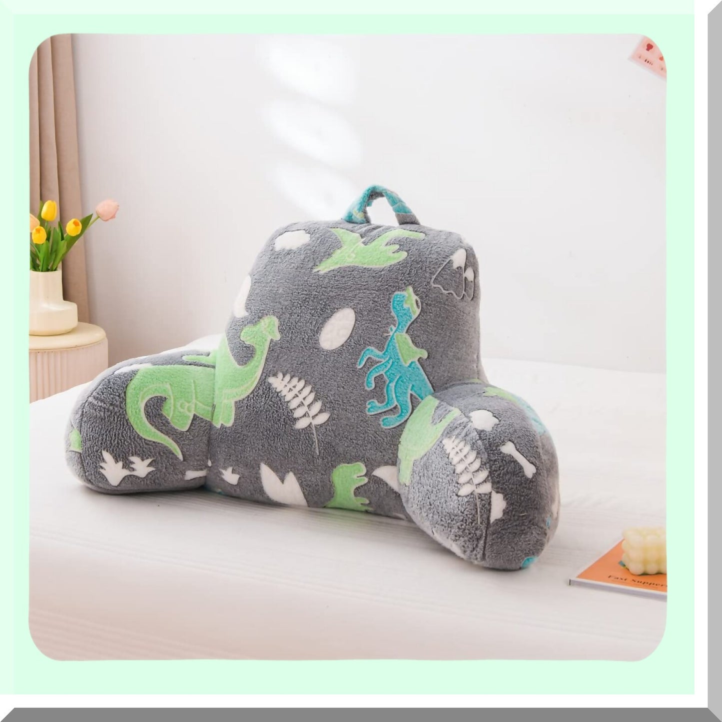 Glow Dino Reading Pillow - Lumbar Support Cushion for Teens & Kids - Glitter Green Bed Rest with Arms - Neck & Lower Back Comfort - Boys & Girls