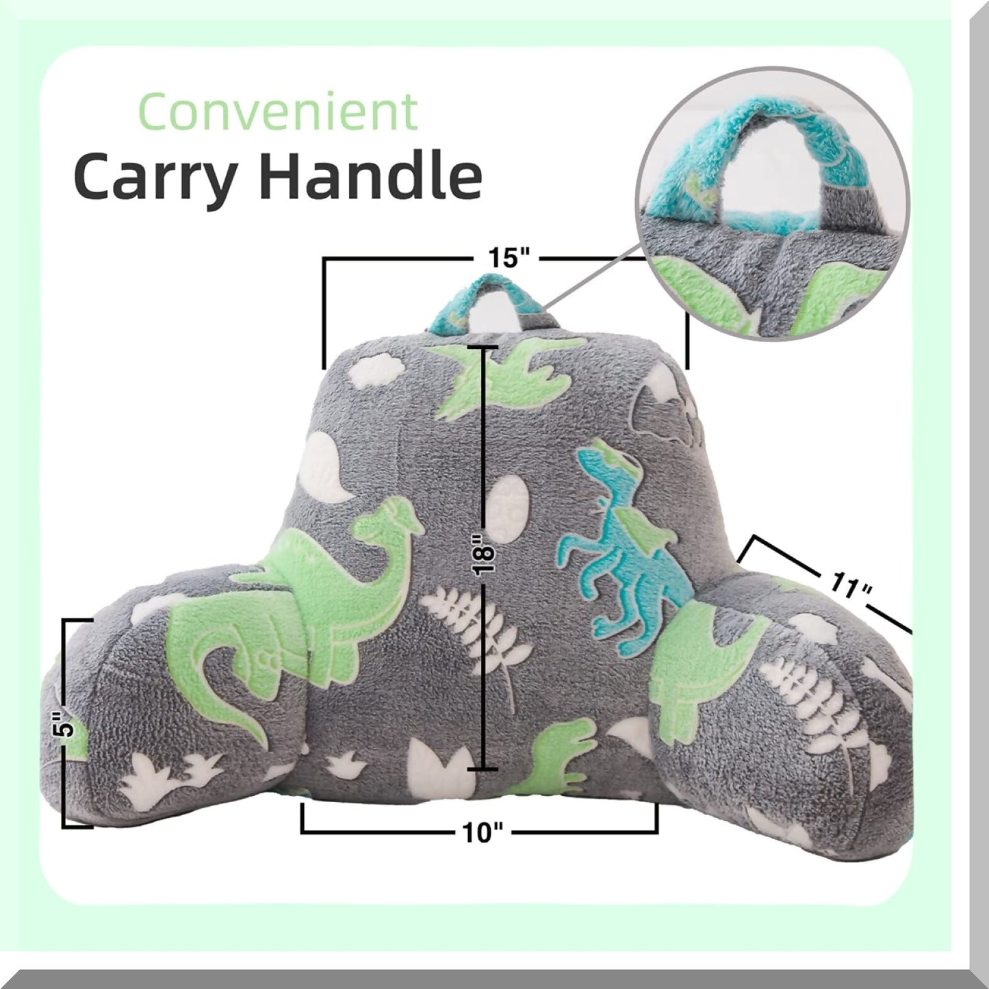 Glow Dino Reading Pillow - Lumbar Support Cushion for Teens & Kids - Glitter Green Bed Rest with Arms - Neck & Lower Back Comfort - Boys & Girls