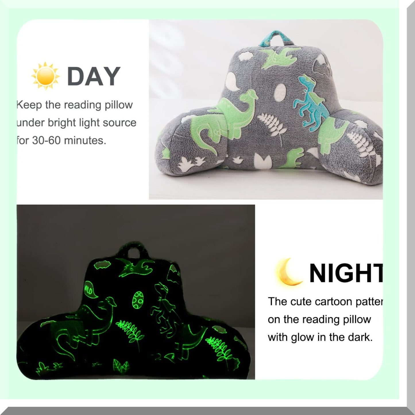 Glow Dino Reading Pillow - Lumbar Support Cushion for Teens & Kids - Glitter Green Bed Rest with Arms - Neck & Lower Back Comfort - Boys & Girls