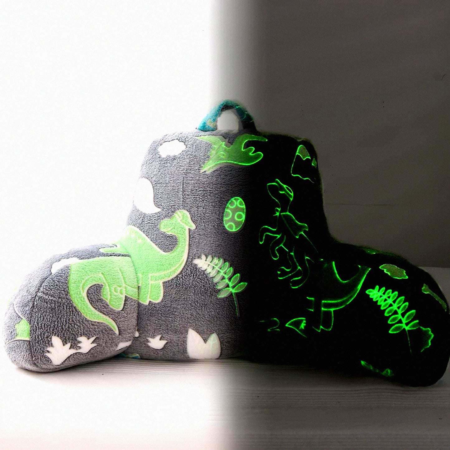 Glow Dino Reading Pillow - Lumbar Support Cushion for Teens & Kids - Glitter Green Bed Rest with Arms - Neck & Lower Back Comfort - Boys & Girls