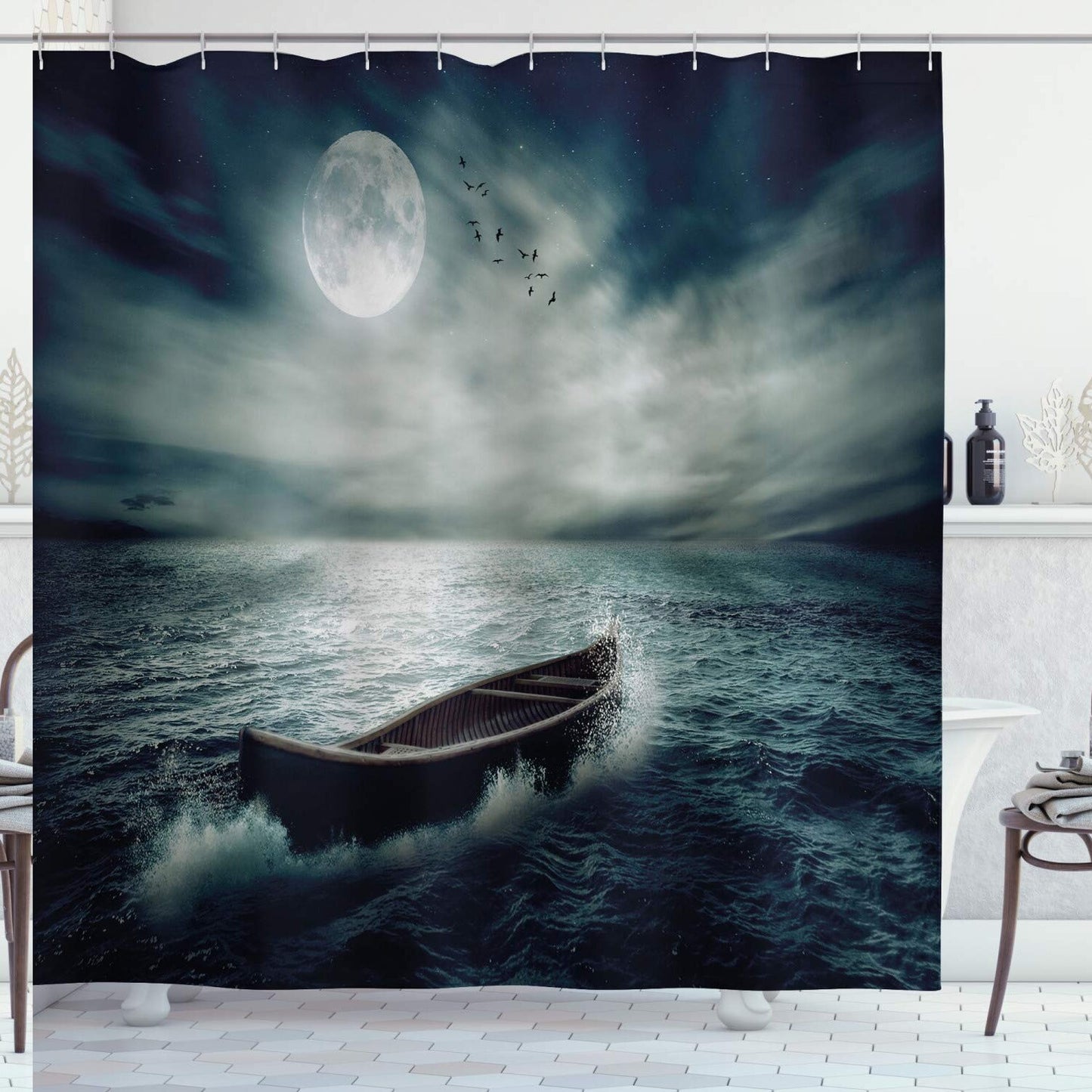 Fishing Ocean Moon Shower Curtain 69x70 inches