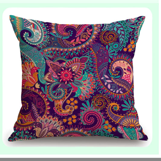 Boho Paisley Flower Decor Pillowcase - Colorful Ethnic Linen Cushion Cover for Sofa, Couch, Bed, Car - 18x18 Inch Square Outdoor Case