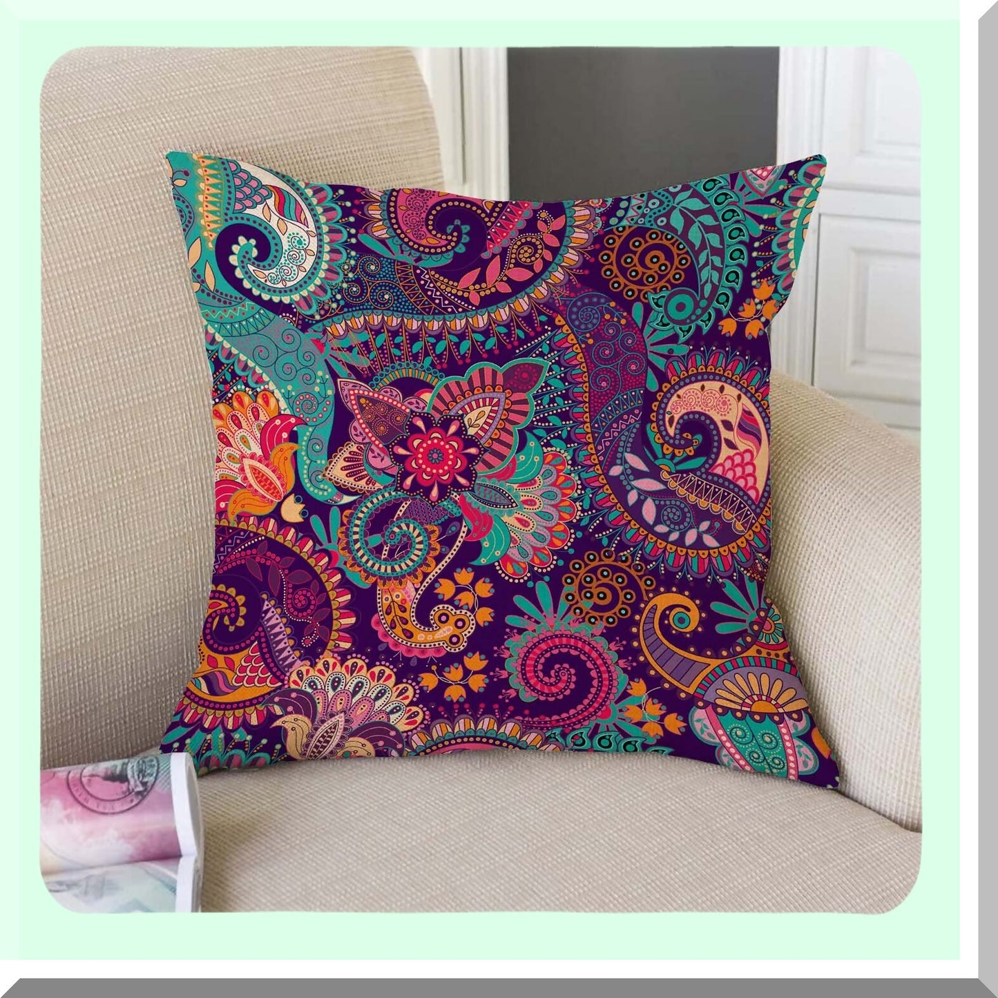 Boho Paisley Flower Decor Pillowcase - Colorful Ethnic Linen Cushion Cover for Sofa, Couch, Bed, Car - 18x18 Inch Square Outdoor Case