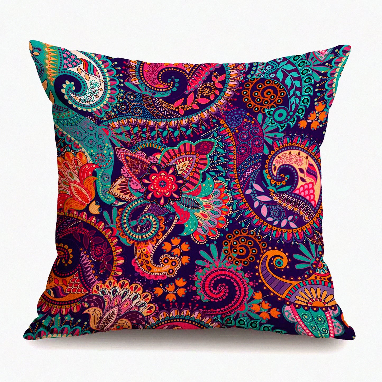 Boho Paisley Flower Decor Pillowcase - Colorful Ethnic Linen Cushion Cover for Sofa, Couch, Bed, Car - 18x18 Inch Square Outdoor Case