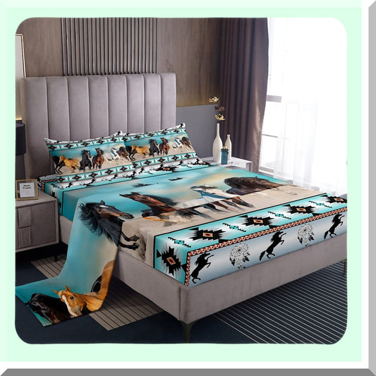 Tribal Horse Dream Sheet Set - Farm Animals Fitted Sheet with Ethnic Tribe Arrow Dream Catcher Top Sheet Twin - Southwest Exotic Nordic Style Room Decor - Multi 25