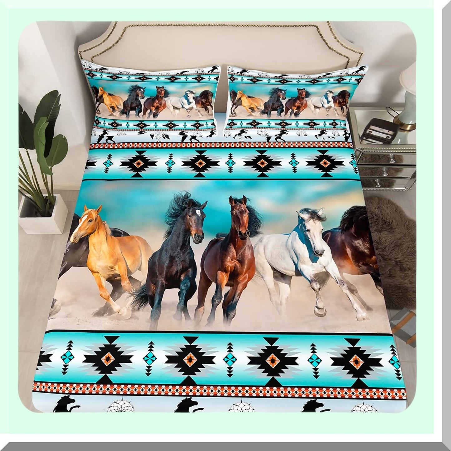 Tribal Horse Dream Sheet Set - Farm Animals Fitted Sheet with Ethnic Tribe Arrow Dream Catcher Top Sheet Twin - Southwest Exotic Nordic Style Room Decor - Multi 25