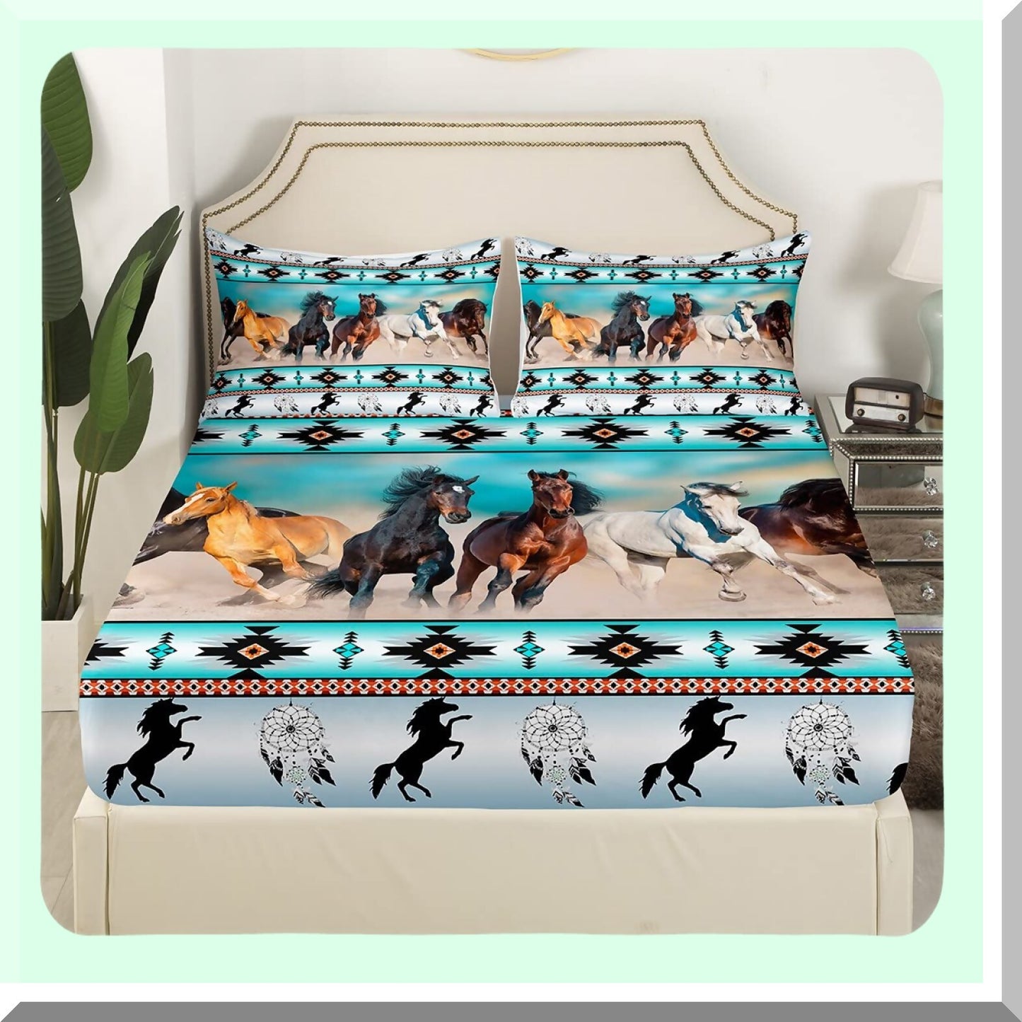 Tribal Horse Dream Sheet Set - Farm Animals Fitted Sheet with Ethnic Tribe Arrow Dream Catcher Top Sheet Twin - Southwest Exotic Nordic Style Room Decor - Multi 25