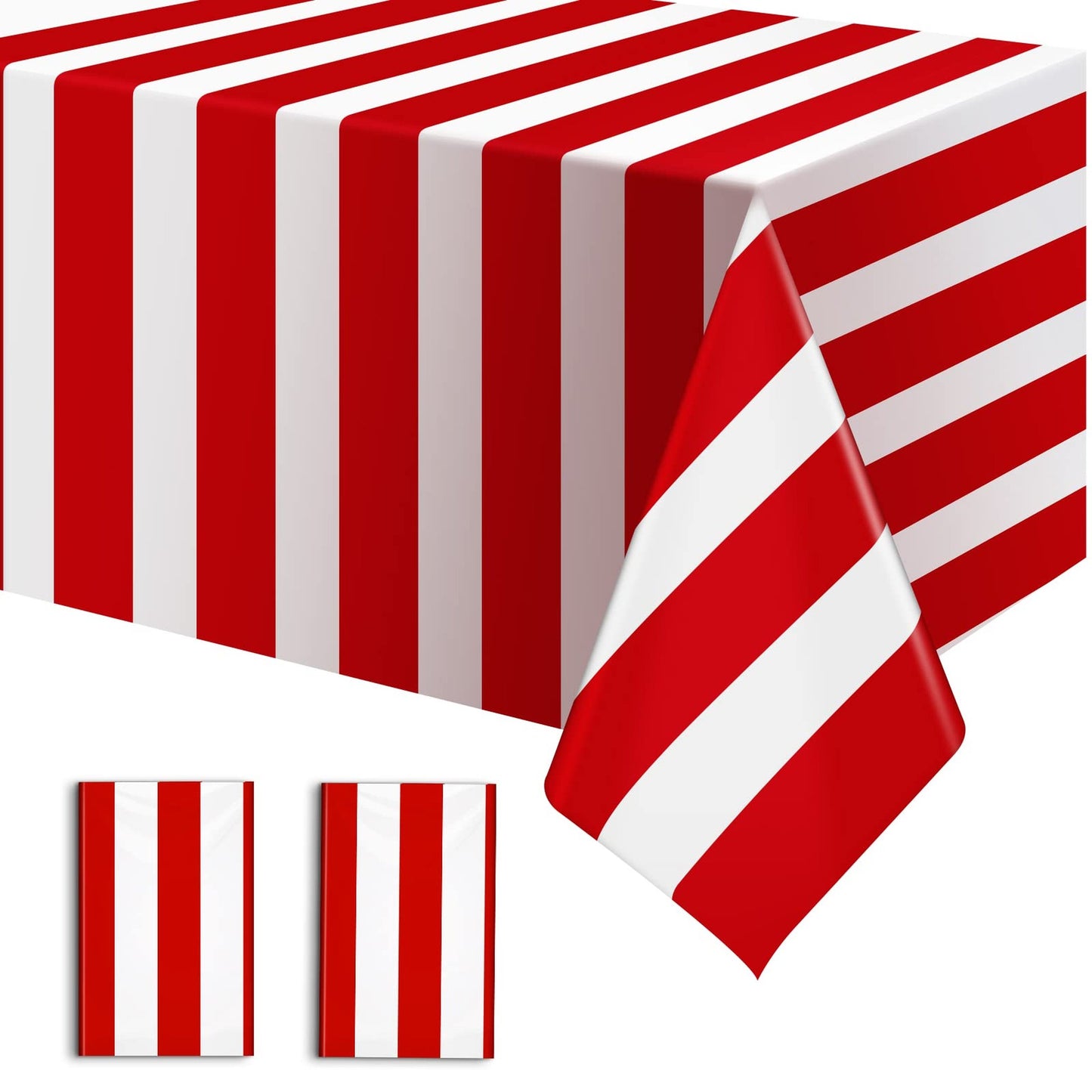 Circus Stripe Tablecloth Set - 2 Pack Red & White Waterproof Plastic Cover, 54 x 108 Inch Disposable Rectangular Table Cloths for Birthday Party