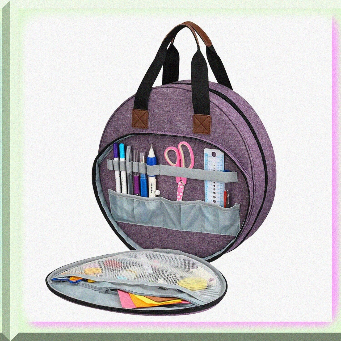 Purple Cross Stitch Storage Bag with Zipper Pockets