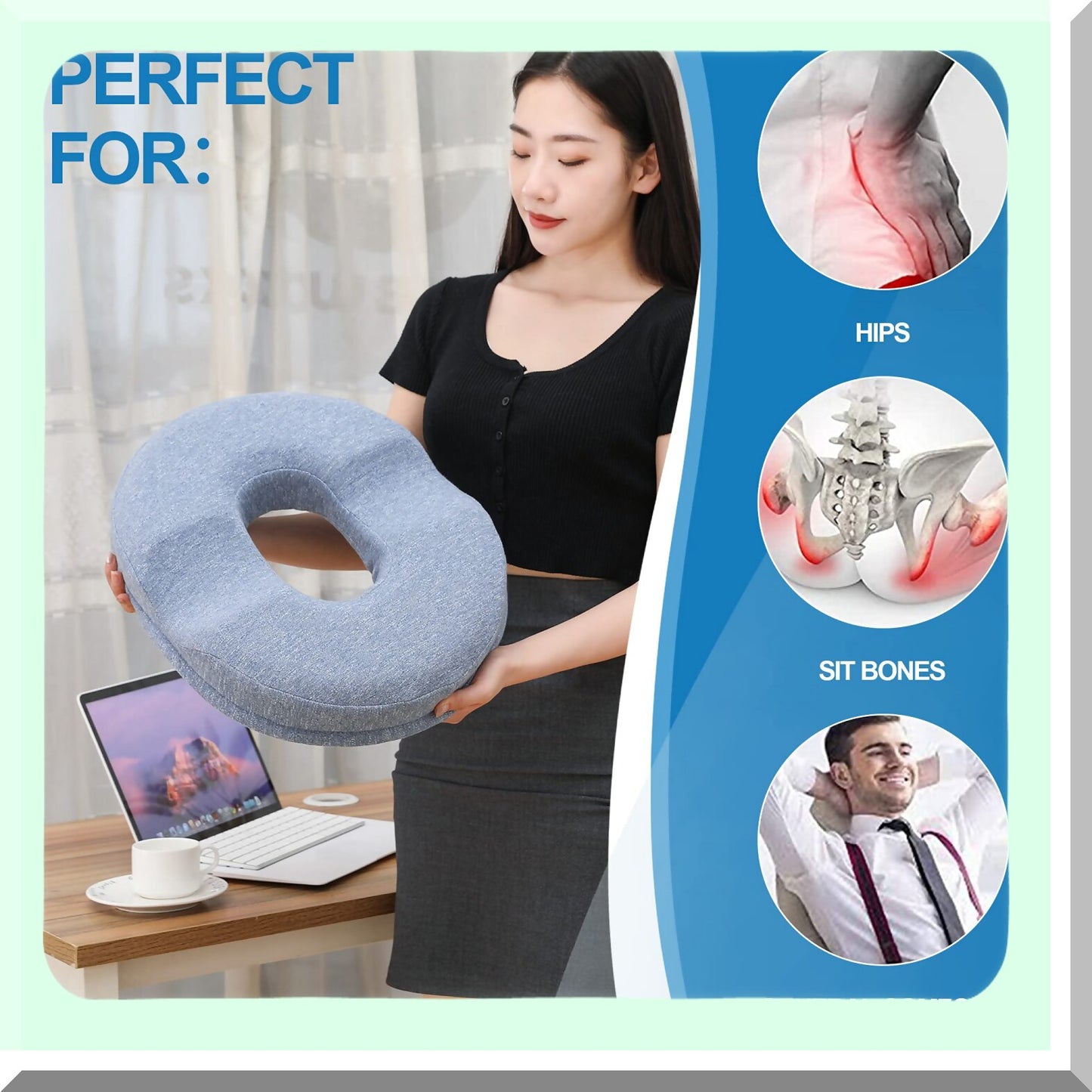 ErgoFoam Comfort Cushion - Tailbone Relief Pillow for Sciatica, Pregnancy, Post Natal Pain - Memory Foam Donut Seat Cushion (Blue)