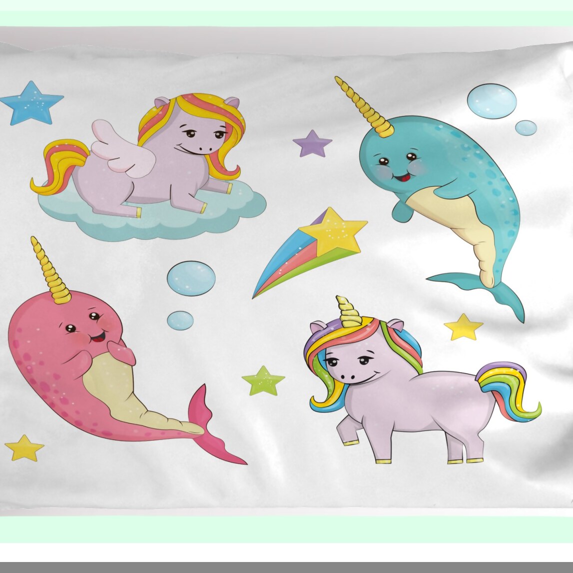 Rainbow Narwhal Dreams Pillowcase - Queen Size Decorative Sham with Colorful Unicorn Illustration, Cartoon Ocean and Land Theme, Blush Rose Design