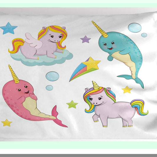 Rainbow Narwhal Dreams Pillowcase - Queen Size Decorative Sham with Colorful Unicorn Illustration, Cartoon Ocean and Land Theme, Blush Rose Design