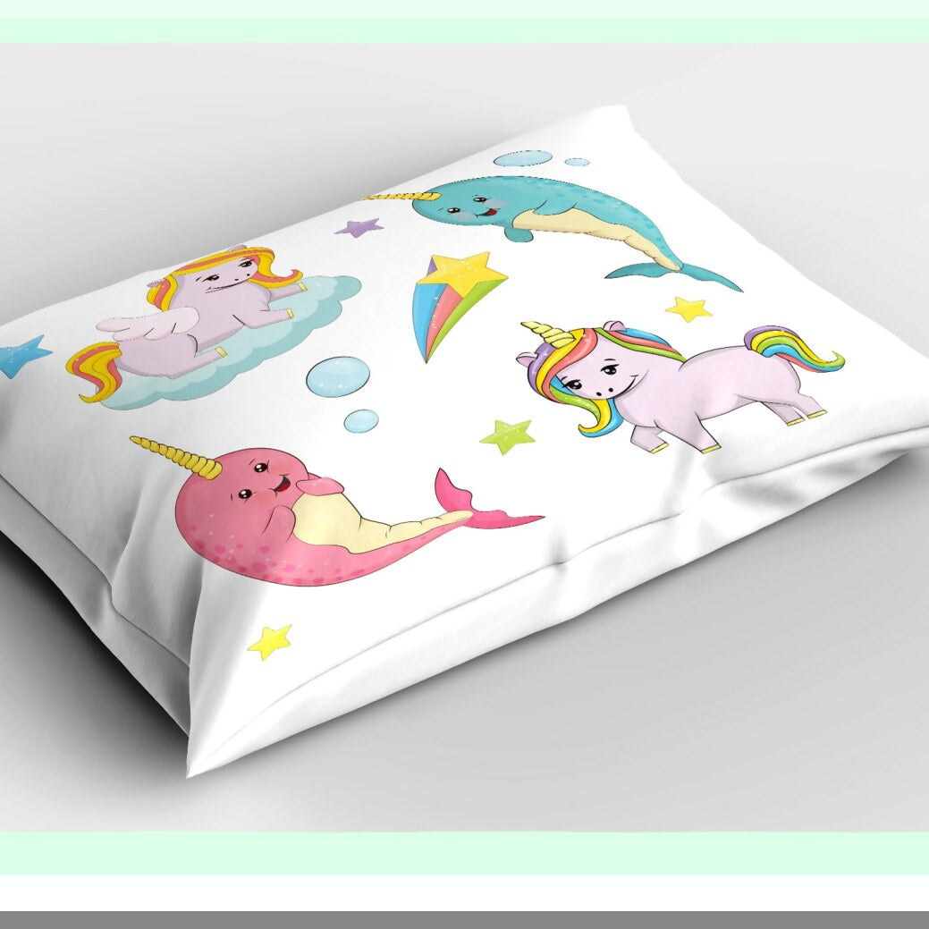 Rainbow Narwhal Dreams Pillowcase - Queen Size Decorative Sham with Colorful Unicorn Illustration, Cartoon Ocean and Land Theme, Blush Rose Design