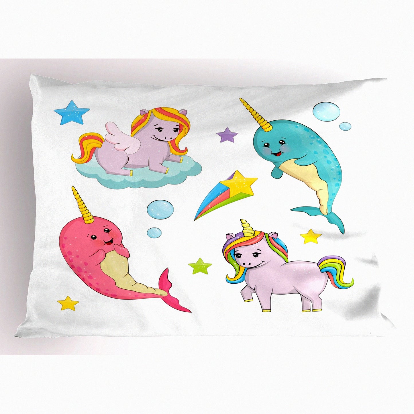 Rainbow Narwhal Dreams Pillowcase - Queen Size Decorative Sham with Colorful Unicorn Illustration, Cartoon Ocean and Land Theme, Blush Rose Design