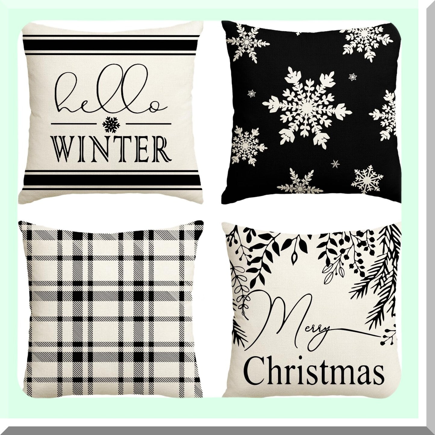 Winter Wonderland Plaid Snowflake Pillow Covers - Set of 4 - 18x18 Inch Holiday Cushion Cases for Sofa and Couch - Merry Hello Decor