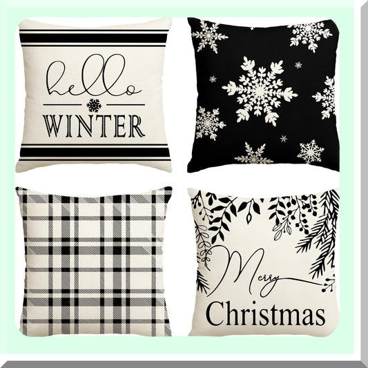 Winter Wonderland Plaid Snowflake Pillow Covers - Set of 4 - 18x18 Inch Holiday Cushion Cases for Sofa and Couch - Merry Hello Decor