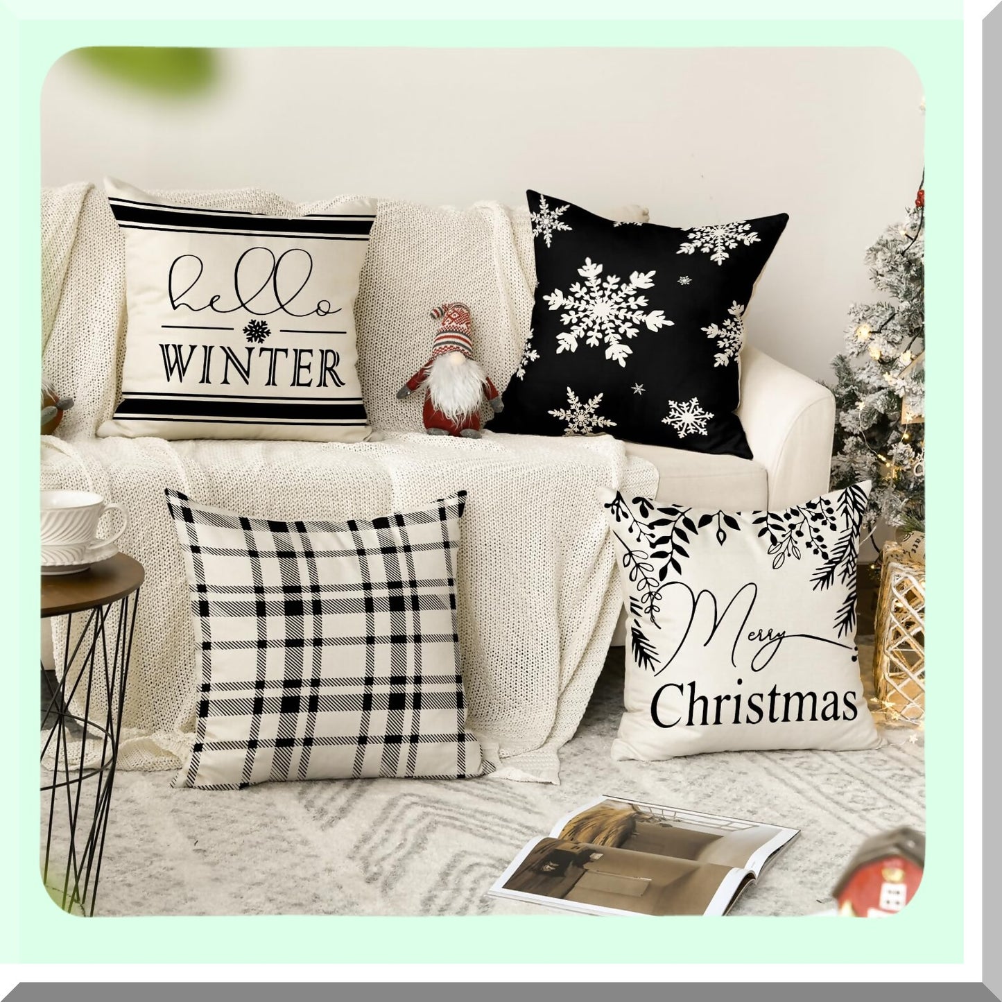 Winter Wonderland Plaid Snowflake Pillow Covers - Set of 4 - 18x18 Inch Holiday Cushion Cases for Sofa and Couch - Merry Hello Decor