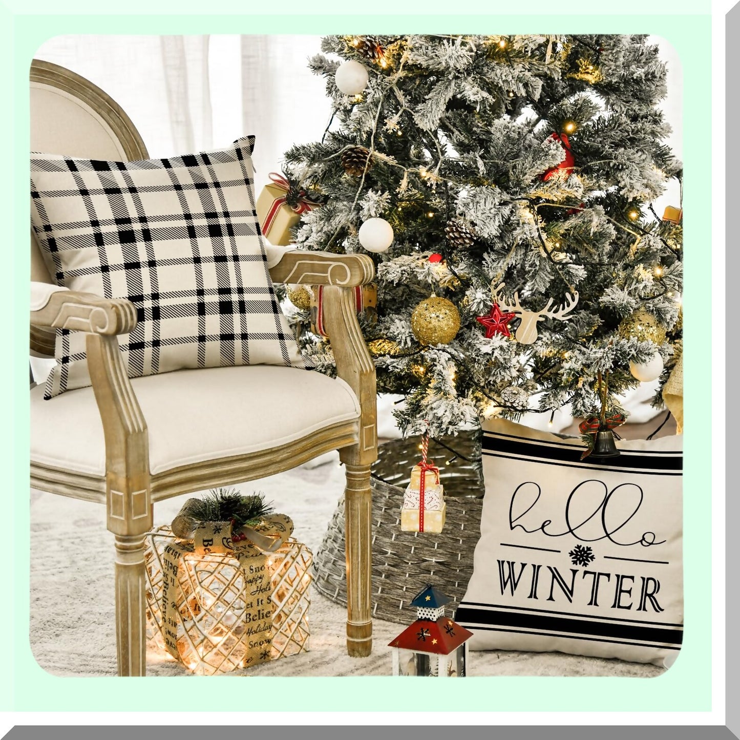 Winter Wonderland Plaid Snowflake Pillow Covers - Set of 4 - 18x18 Inch Holiday Cushion Cases for Sofa and Couch - Merry Hello Decor