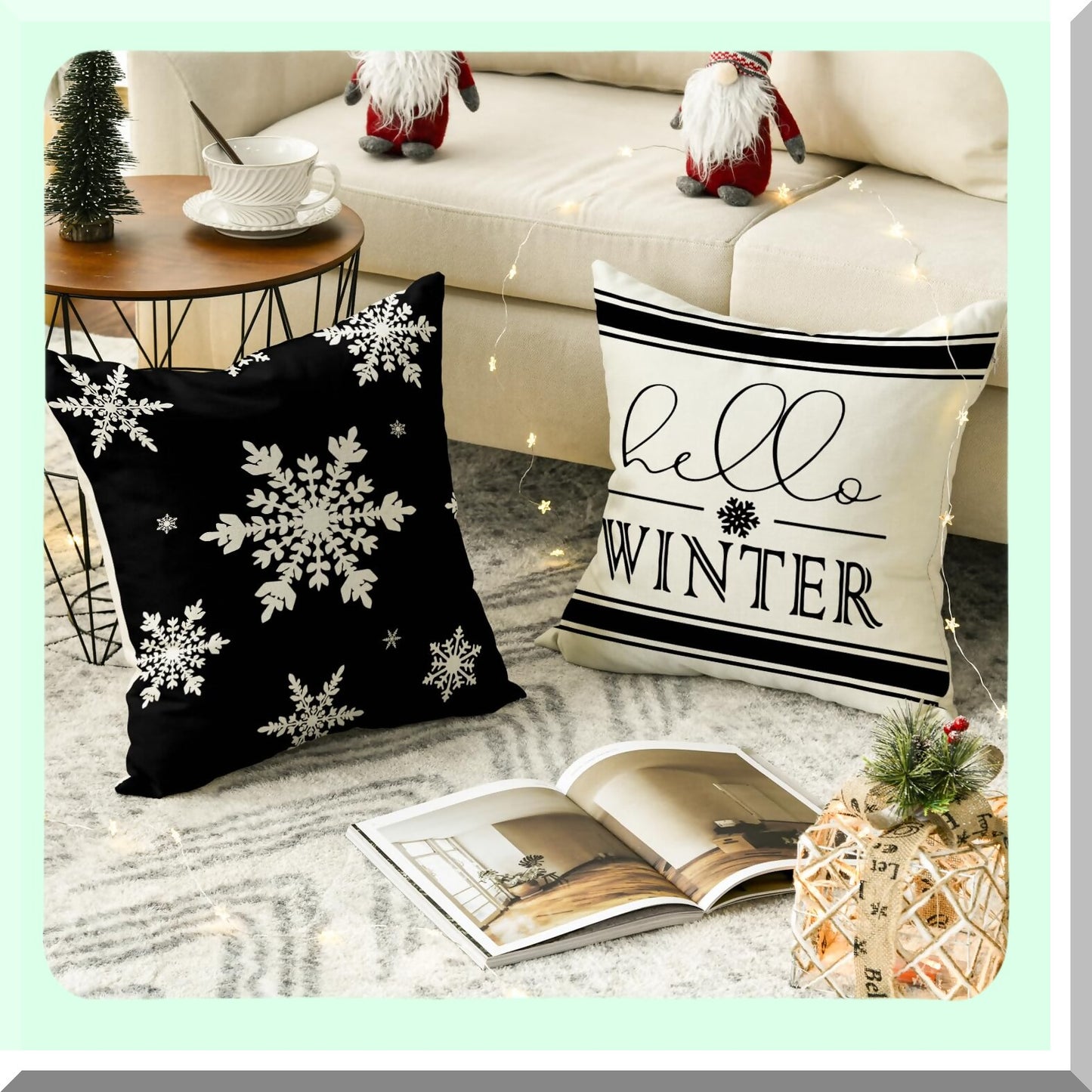 Winter Wonderland Plaid Snowflake Pillow Covers - Set of 4 - 18x18 Inch Holiday Cushion Cases for Sofa and Couch - Merry Hello Decor