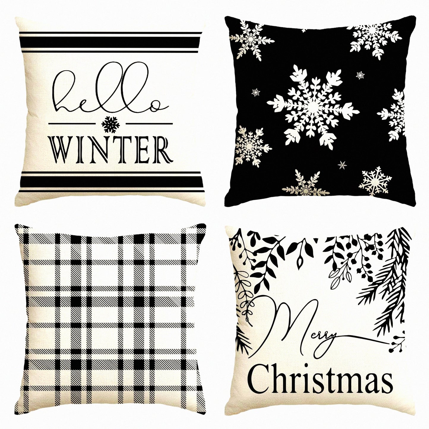 Winter Wonderland Plaid Snowflake Pillow Covers - Set of 4 - 18x18 Inch Holiday Cushion Cases for Sofa and Couch - Merry Hello Decor