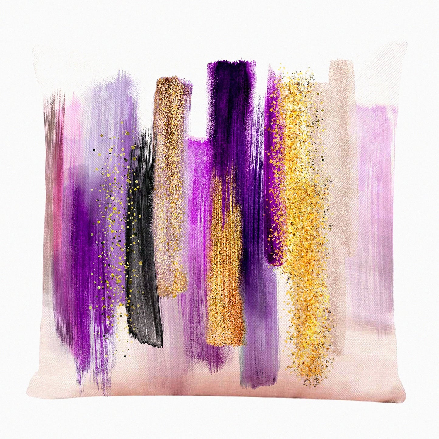 Pink Watercolor Brush Strokes Throw Pillow Cover - Abstract White Paint Smears Purple Gold Palette Modern Yellow Decorative Cushion Case for Home Couch 18x18"