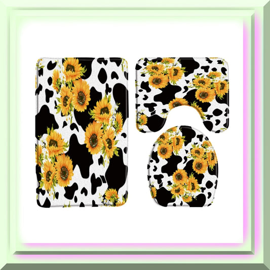 3-Piece Rustic Sunflower Cowhide Bath Mat Set