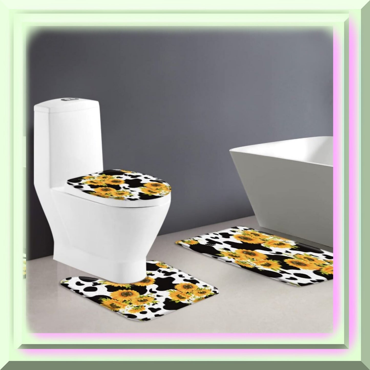 3-Piece Rustic Sunflower Cowhide Bath Mat Set